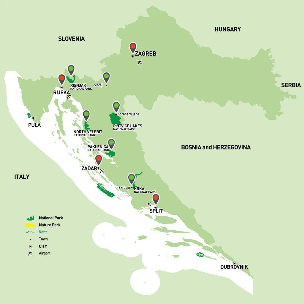 mapa národných parkov v chorvátsku
