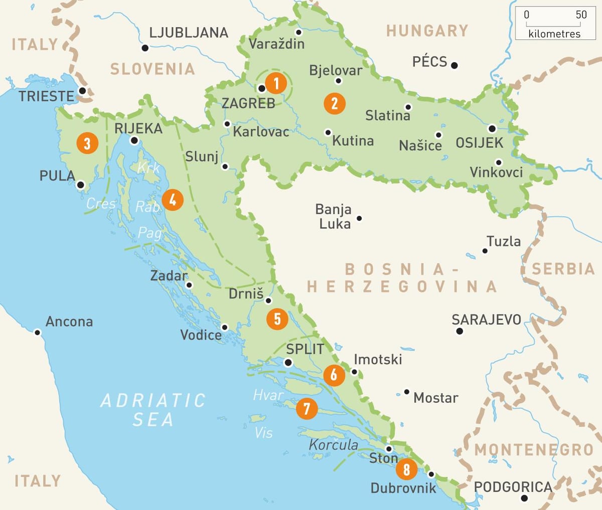 mapa chorvátska regiónov