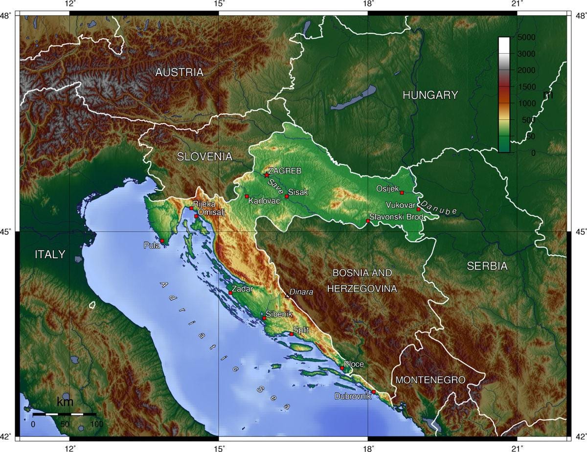 mapa chorvátska topografické