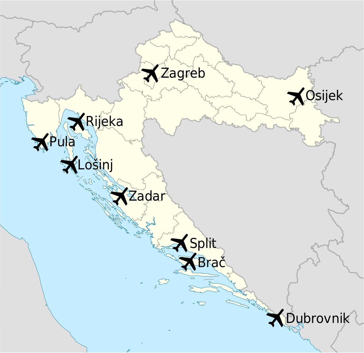 mapa chorvátska ukazuje letiská