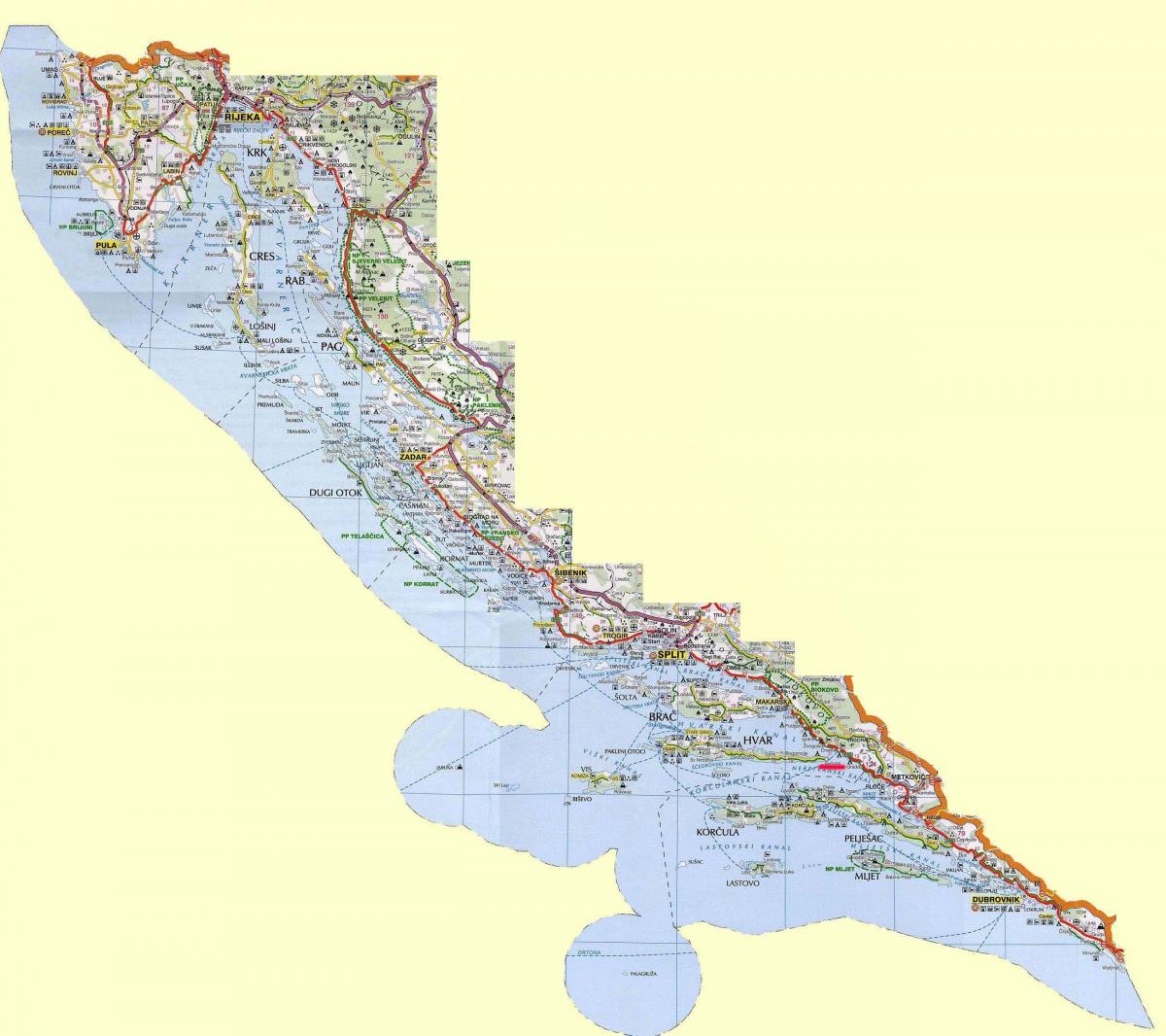 mapa chorvátskom pobreží a na ostrovoch