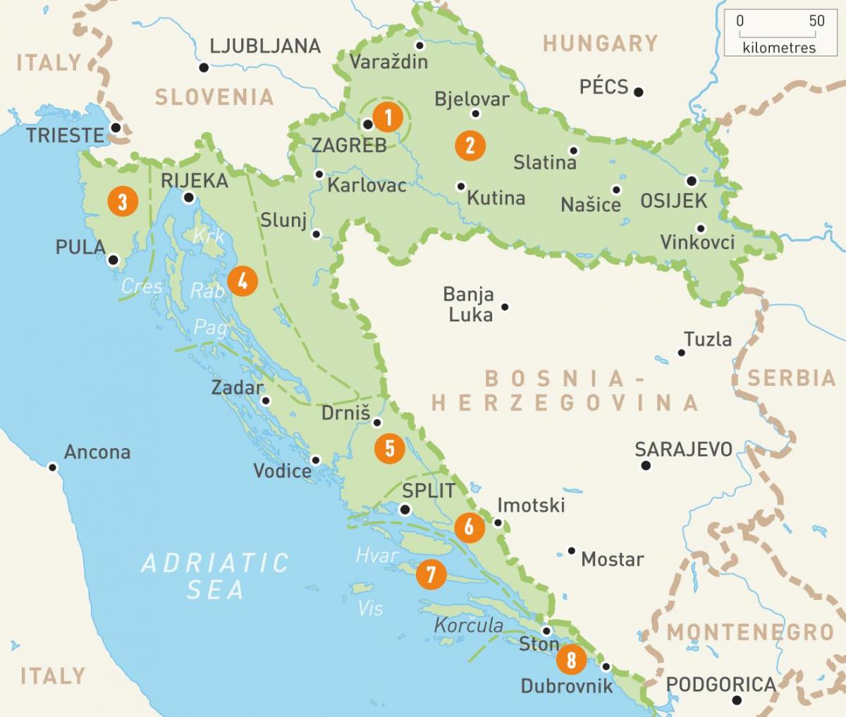 mapa chorvátska a ostrovy