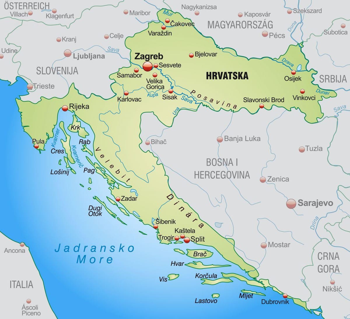 severné chorvátsko mapa